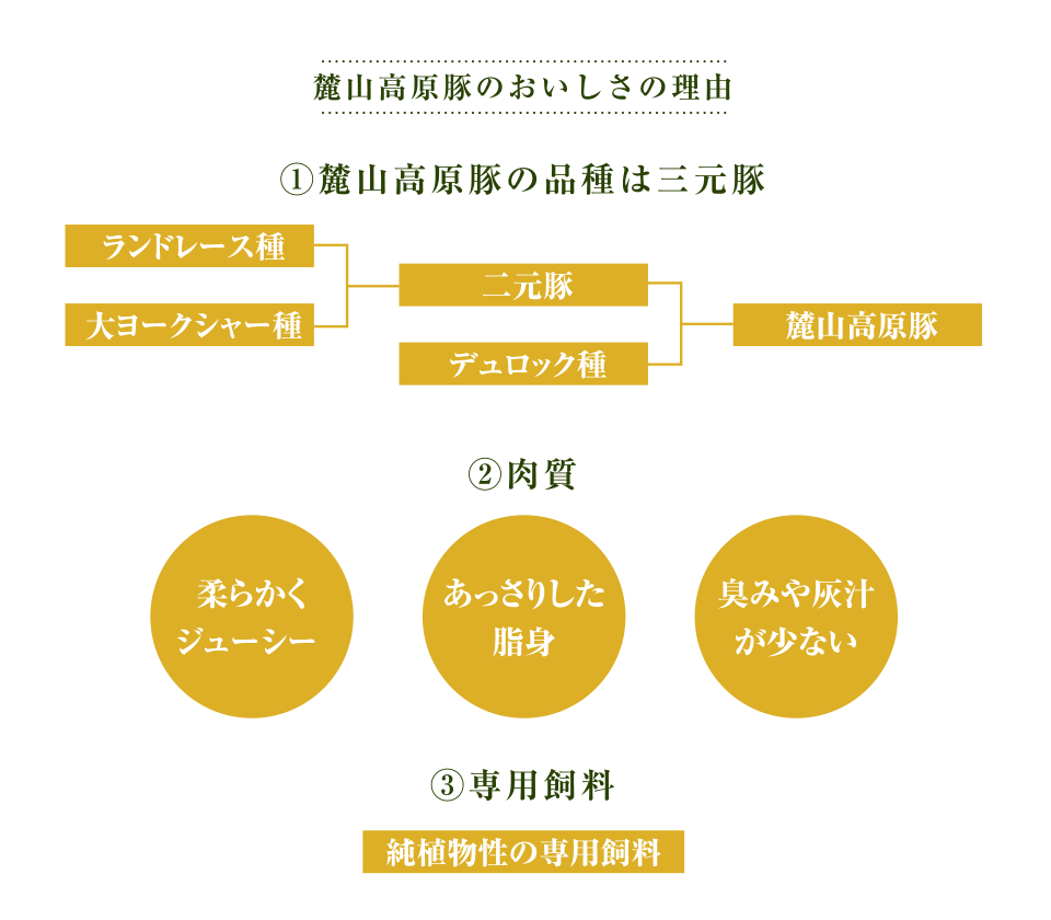 麓山高原豚のおいしさの理由 1.麓山高原豚の品種は三元豚 2.肉質 3.専用飼料